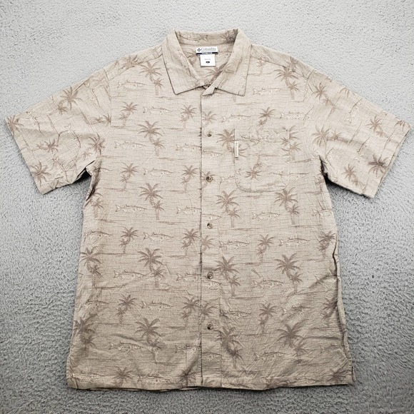 Columbia Shirt Mens Large Brown Button Up Casual Palm Fish All Over Print Aloha - Picture 1 of 13
